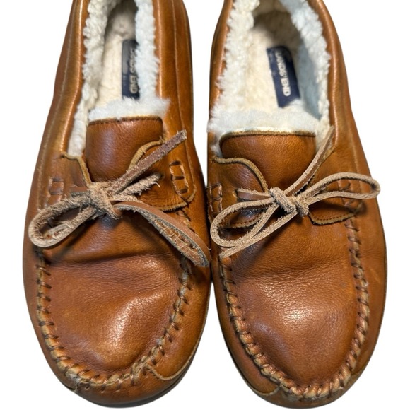 Lands End Leather Moccasin Slippers Faux Fur Lined Loafer Brown Size 9 - Picture 1 of 8